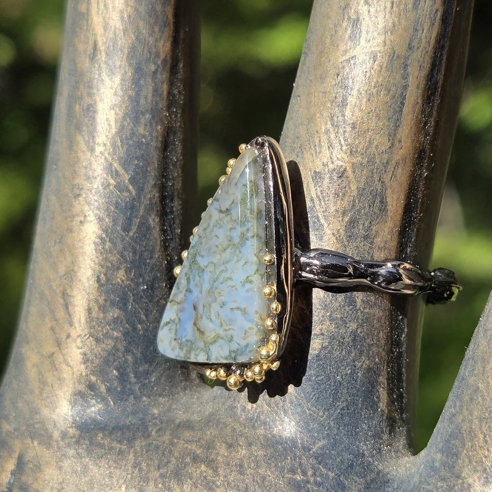 HOST PICK ๐๐Garden Agate 14k Natural Gemstone Sterling Rhodium & Gold Ring Sz9 - Picture 1 of 8